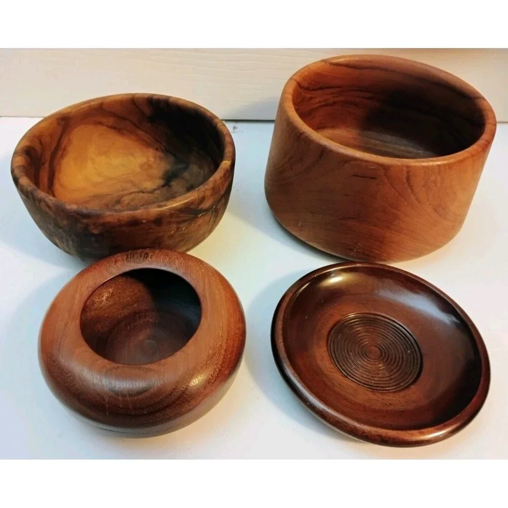 Vtg Mid Century Hand Turned Wooden Bowl Lot Myrtlewood Walnut Dishes 4Pc as-is